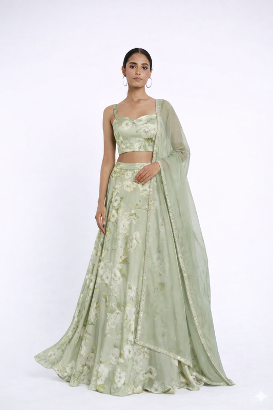 THE MISCHA FLORAL PRINT SWEETHEART LEHENGA